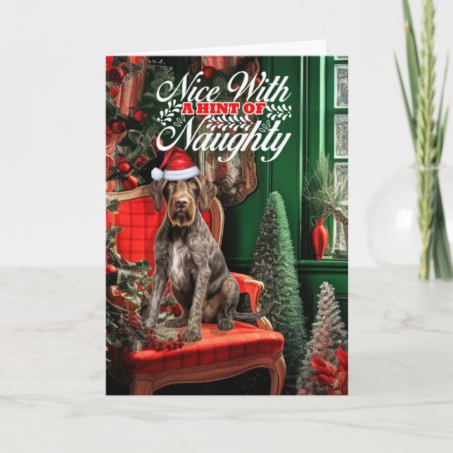 God jul, tyska Wirehair Pointer Naughty eller Nice Helgkort (Framsida)