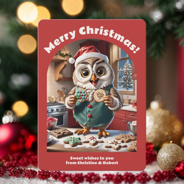 God jul, Uggla Baking Cookie Cute Mysigt Red Julkort (Adorable Christmas owl baking cookies, digital download or custom printed holiday card)