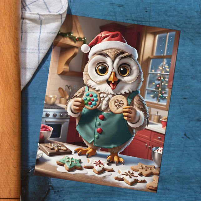God Jul Uggla Helgdag Cookie Exchange Helg Vykort (Happy owl baking Christmas cookies, fun holiday postcard for kids and cookie exchange parties)