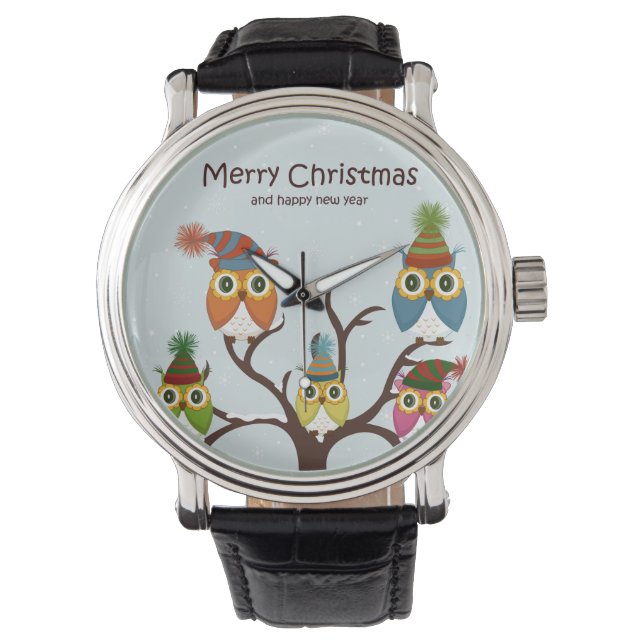 God jul Uggla vid Träd Armbandsur (Framsida)