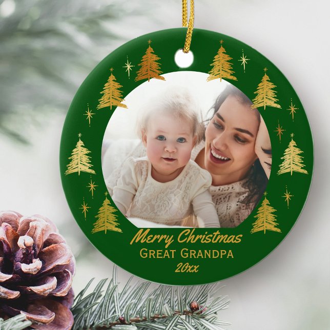 God jul Underbar farfar Grönt och Guld foto Julgransprydnad Keramik (Christmas photo ornament for Great Grandpa)