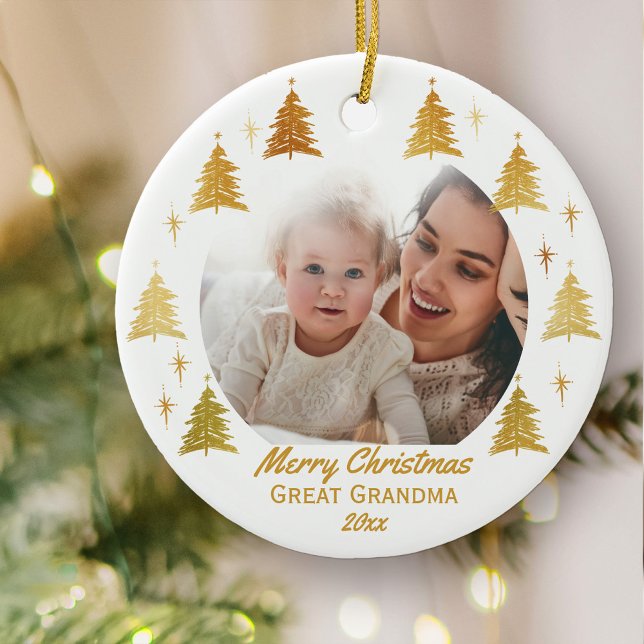 God jul Underbar farmor - Vit Guld-foto Julgransprydnad Keramik (Christmas photo ornament for Great Grandma)