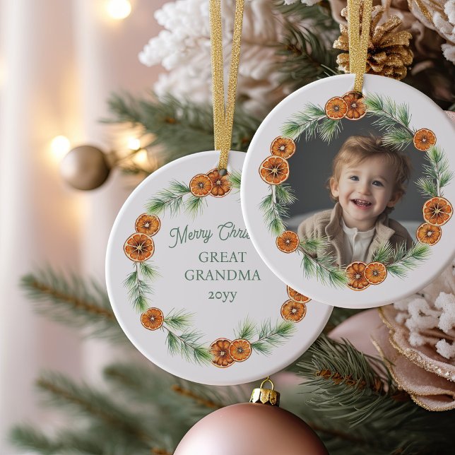 God jul Underbar Grandma Citrus WAN Photo to to Julgransprydnad Keramik (Christmas Photo Ornament with citrus pine wreath frame)