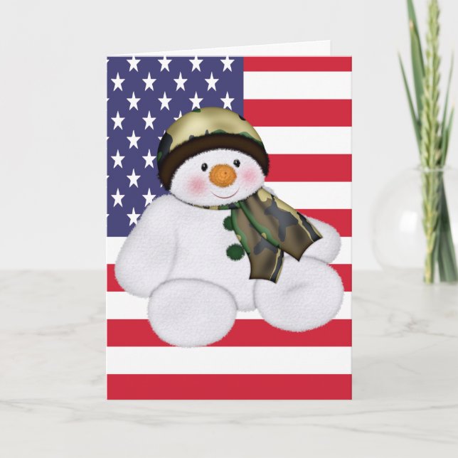 God Jul USA Soldier Snögubbe Helgkort (Framsida)