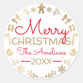 God jul utandning Guld Red Namn Cottage White Runt Klistermärke