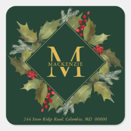 God jul - våfärg Big Monogram Holly Wandeans Fyrkantigt Klistermärke