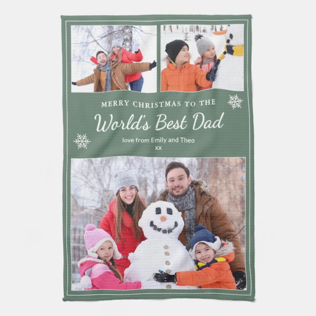 God Jul Världens Bästa Pappa Foton Sälggrön Kökshandduk (Vertikal)