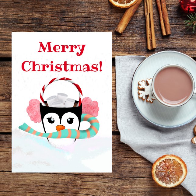 God Jul Varm Choklad Kawaii Pingvin Helgkort (A sweet yummy Christmas Hot Chocolate card for kids!)