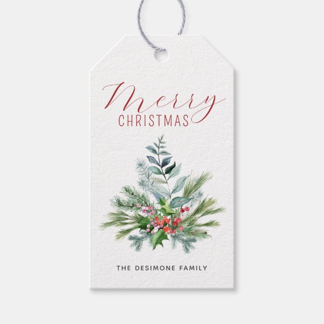 God Jul Vattenfärg Grönska Bär Presentetikett (Framsidan)