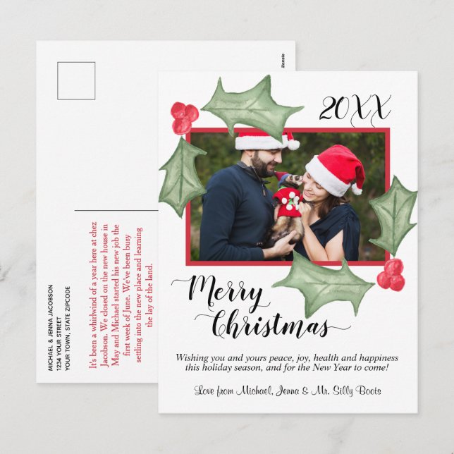 God Jul Vattenfärg Julblad med Foto Helg Vykort (Fram/baksida)