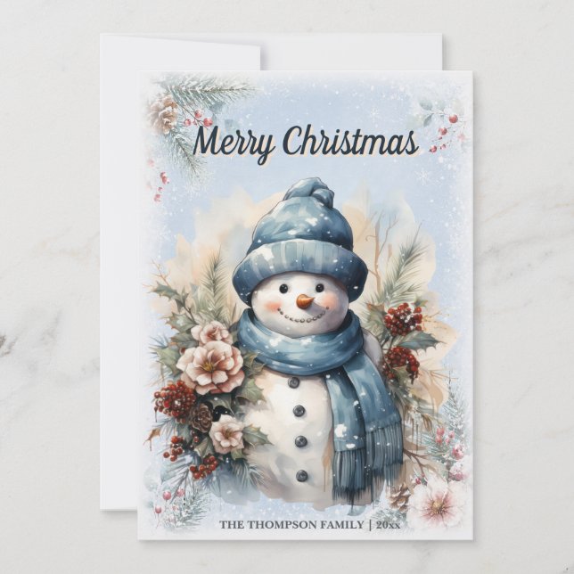 God Jul Vattenfärg Snöman Vinterfirande Julkort (Framsida)