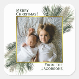 God Jul Vattenfärg Tall med Foto Fyrkantigt Klistermärke