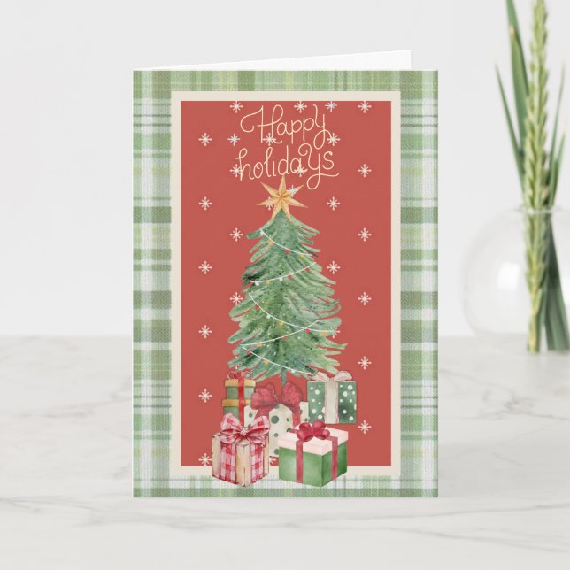 God jul Vattenfärg Träd och Plaid Högtid  Helgkort (Framsida)