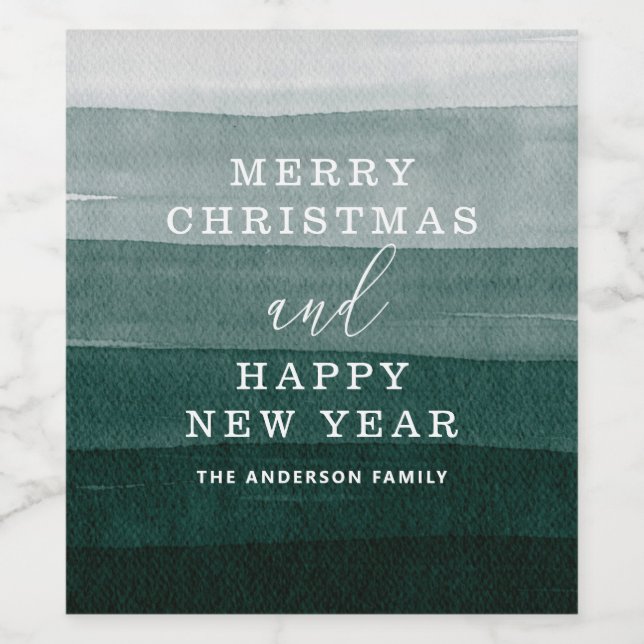 God jul. Vattenfärgsfärgad grönt rand ombre Vinflaska Etikett (Singel etikett)