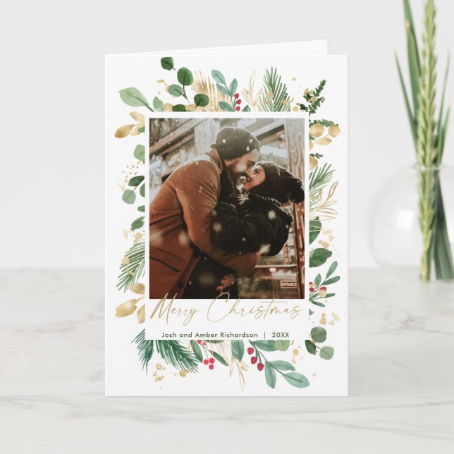 God jul vattenfärgsgreny guld red holly anteckningskort (Framsida)
