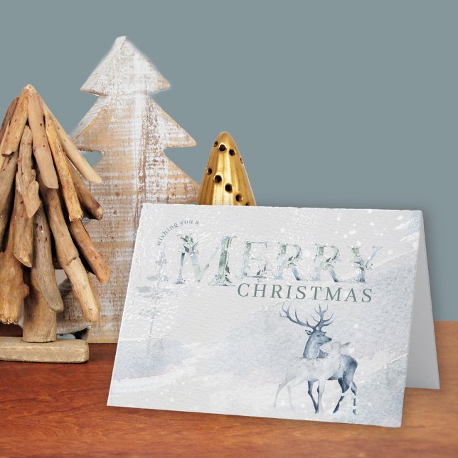God jul vattenfärgssteg och Hjort-Elegant Helgkort (Snow forest stag Christmas Card. Buy professionally printed or as a printable digital download.)