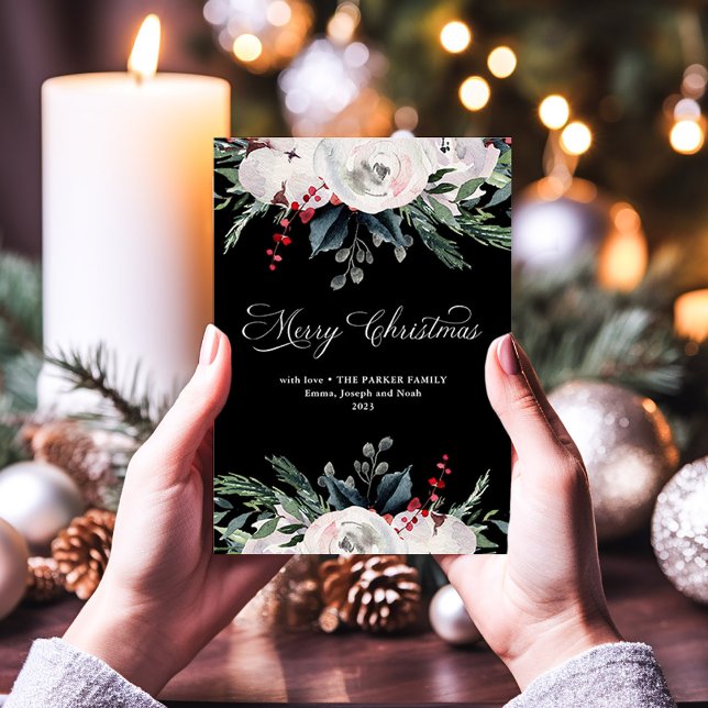 God Jul | Vattenskärtskläder på svart Julkort (A stunning and elegant Christmas card with traditional holiday flowers on a black background)