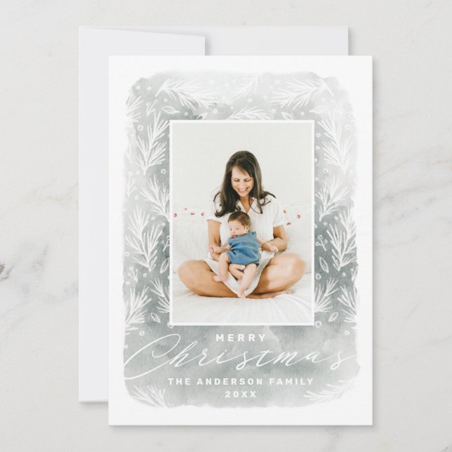 God Jul. Vattentätt botaniskt skript med rött inne Julkort (Framsida)