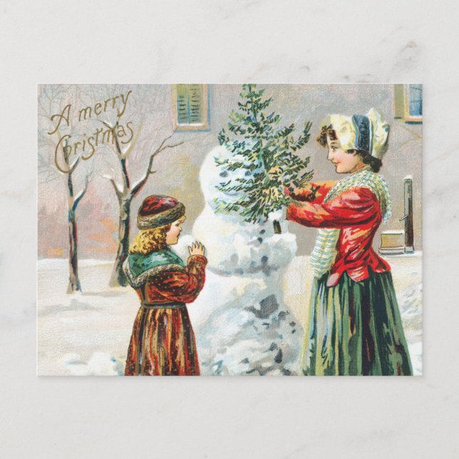 God jul Victorian Family och Snögubbe Vykort (Framsida)