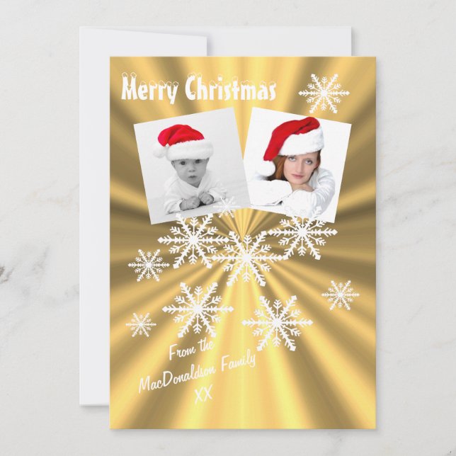 God jul vid guld med snöflingor julkort (Framsida)