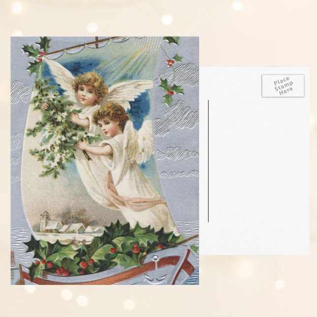 God jul, Viktorianska Änglar i segelbåt Helg Vykort (Skapare uppladdad)