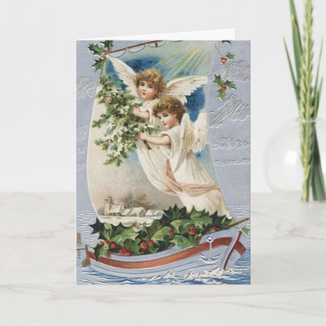 God jul, Viktorianska Änglar i segelbåt Helgkort (Framsida)