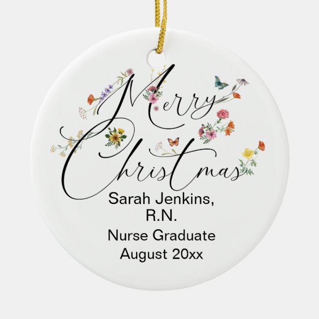 God jul Vild Flower R.N. Nurse Student Julgransprydnad Keramik (Framsidan)
