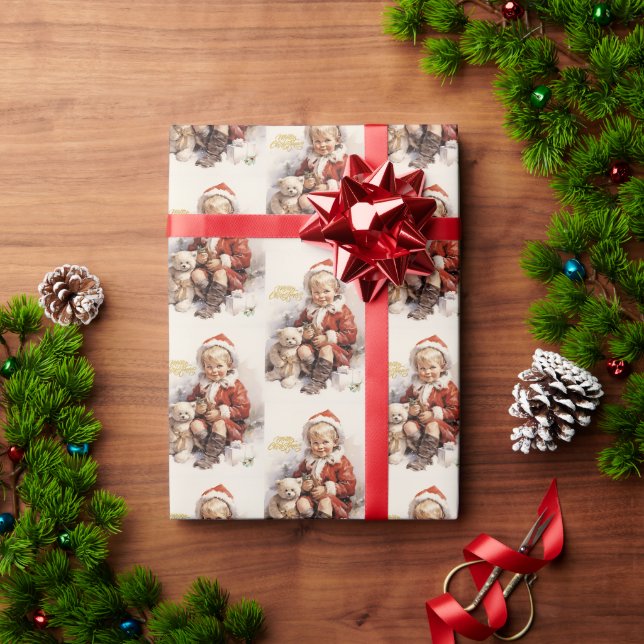 God Jul Vintage Barn med Nallebjörn  Presentpapper (Julgåva)