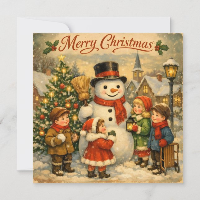 God Jul Vintage Barn med Snöman  Julkort (Framsida)