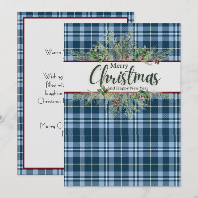 "God Jul" Vintage Blå Gingham Karo Julkort (Fram/baksida)