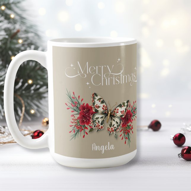 God jul Vintage Butterfly Poinsettia Kaffemugg (Skapare uppladdad)
