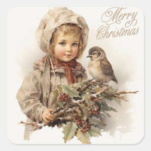 God jul Vintage Child with Bird Fyrkantigt Klistermärke
