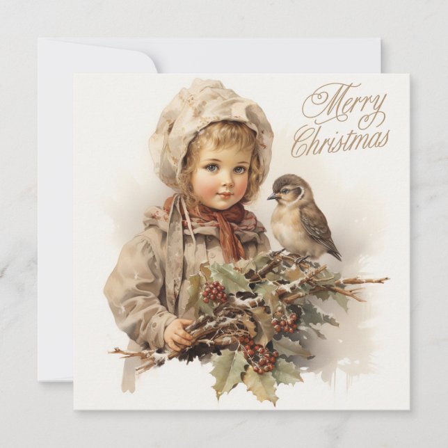God jul Vintage Child with Bird Julkort (Framsida)