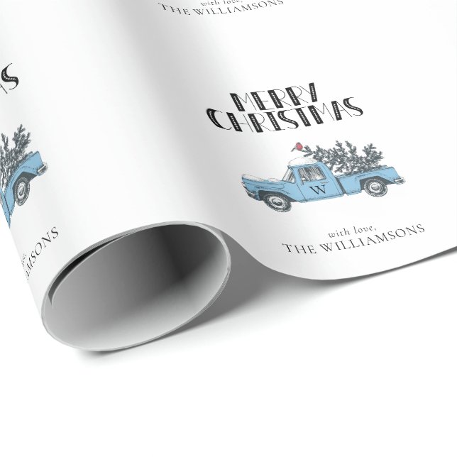 God jul Vintage Lastbil och Träd Monogram Presentpapper (Rullad Hörn)