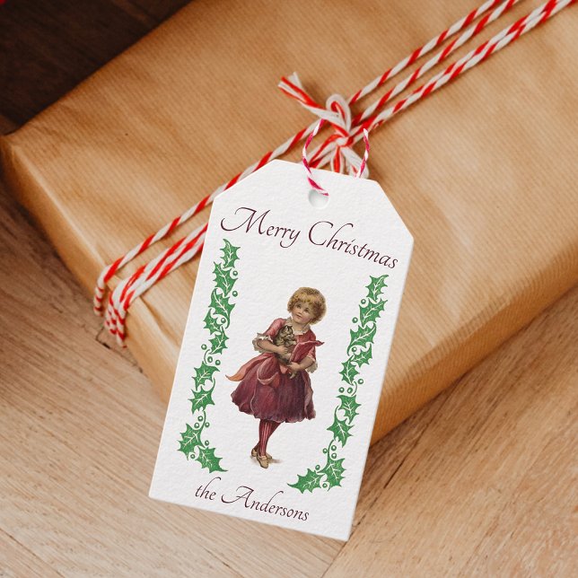 God jul vintage, liten flicka och Holly Presentetikett (Skapare uppladdad)