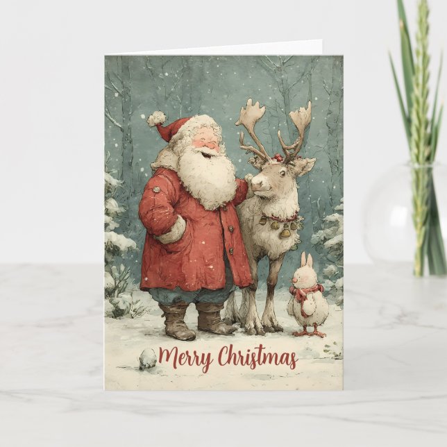 God jul Vintage Santa & Reindeer Kort (Framsida)