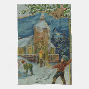 God jul - Vintage snöbollskastning vykort Kökshandduk
