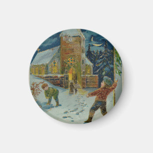God jul - Vintage snöbollskastning vykort Magnet