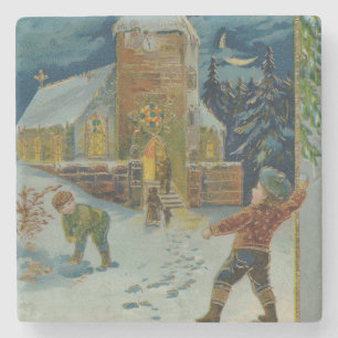 God Jul - Vintage snöbollskastning vykort Stenunderlägg