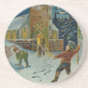 God jul - Vintage snöbollskastning vykort Underlägg