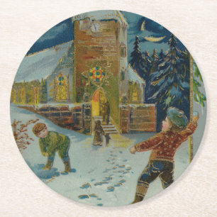 God jul - Vintage snöbollskastning vykort Underlägg Papper Rund