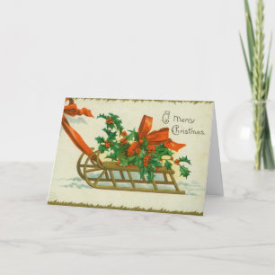 God Jul - vintage vykort, släde och järnek Kort