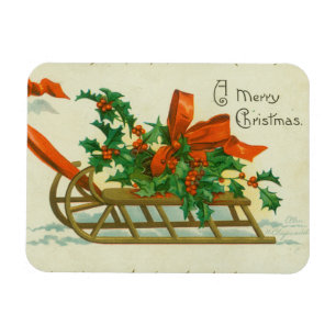 God Jul - vintage vykort, släde och järnek Magnet