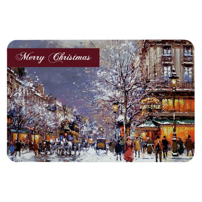 God Jul. Vintage Winter Parisian Scene Magnet (Horisontell)