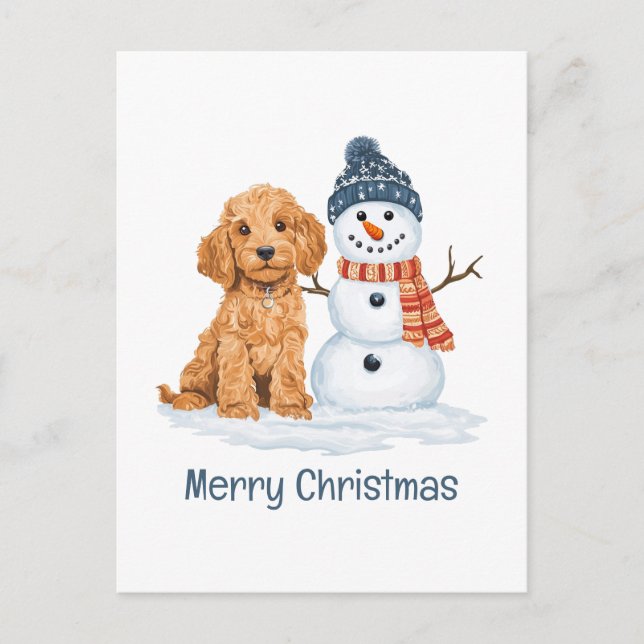 God Jul Vinter Goldendoodle Hund Snöman Vykort (Framsida)