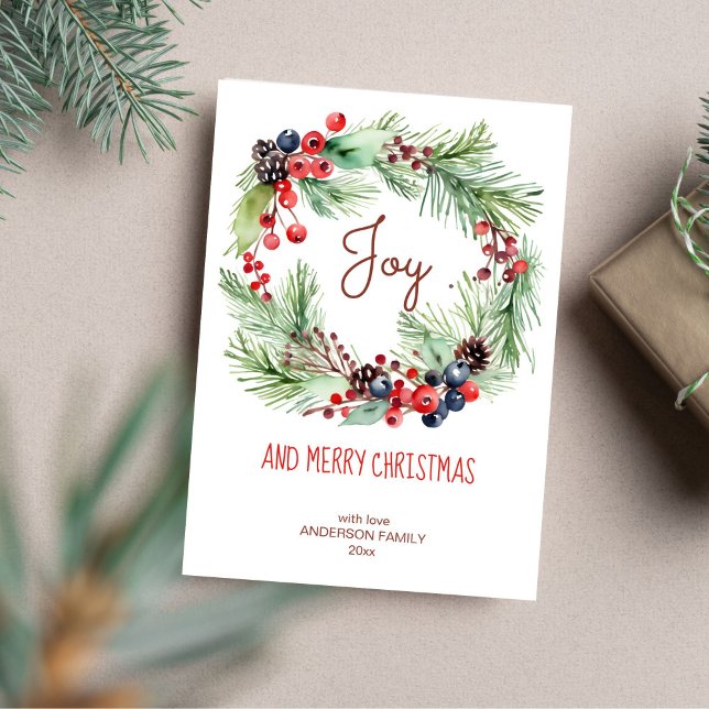 God jul vinterbär gräs andedräkt julkort (Christmas greeting winter berries pine wreath template invitation instant download)