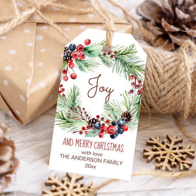 God jul vinterbär gräs andedräkt presentetikett (Christmas wreath watercolor winter berries and pines boho gift tags)