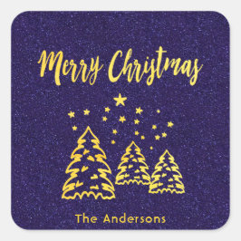 God jul vinterblåa glitter guld fyrkantigt klistermärke
