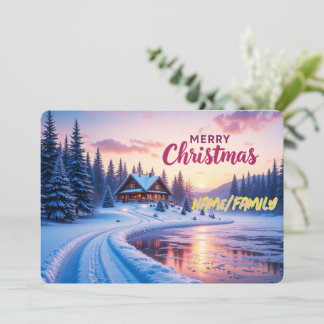 God Jul Vinterstuga Solnedgång Julkort