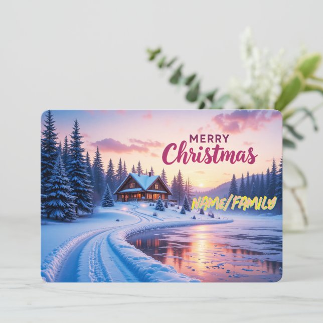 God Jul Vinterstuga Solnedgång Julkort (Stående Fram)